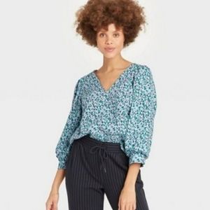 A New Day Blue Floral V Neck Blouse Top